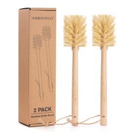 SAMEBUTECO Natural Bamboo Cup Cleaning Brush Set of 2 – 11.5 Inch Sisal Bristle Bottle Brush with Flat Head Design, Wooden Handle with Hanging Hole & 