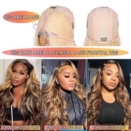 Body Wave Highlight Lace Front Wigs Human Hair 28 Inch Honey Blonde 13X4 HD Ombre Lace Front Wig Human Hair Wear and Go Glueless Wigs Human Hair Pre Plucked Ombre Hd Lace Frontal Wigs For Women