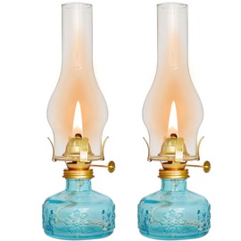 GXFCCYXT 2 Pcs Chamber Oil Lamp Blue Vintage Glass Clear Kerosene Lamp Indoor Decorative Hurricane Lamp Oil Lamps for Indoor Use or Tabletop Decor and Emergency Lighting
