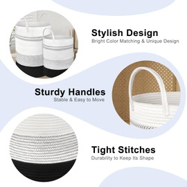 Attmu 2 Pack Large Tall Rope Laundry Baskets, Cotton Laundry Hamper, Dirty Clothes Hampers Woven Basket, Blanket Basket Storage for Living Room, Dirty Clothes Baskets for Bedroom, Baby Room, 58L&28L Black