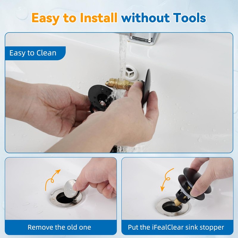 iFealClear Universal Black Bathroom Sink Stopper, Metal Pop Up Sink