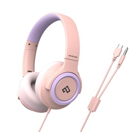 INFURTURE CH2 Kids USB C/3.5mm Headphones for Children Boys Girls, Volume Limit 94dB, On Ear Headphones,Wired Headphones for Teens School, Travel, Compatible with Cellphones, Tablets, PC, Kindle(Pink)