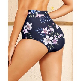 Tempt Me Women's High Waisted Bikini Bottom - Blue Floral Full Coverage Swimsuit Tummy Control Bathing Suit Swim Bottom with Pockets 2025 S