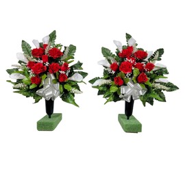 Realistic Artificial Cemetery Flowers - Silk Faux Floral Red Rose and White Calla Lily - Bouquet Pair for Grave - Headstone Decoration - Memorial Flowers