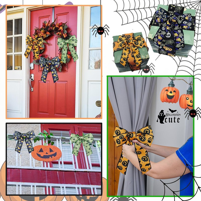3 Rolls Halloween Ribbons Bat Spider Web Printed Ribbon Wired
