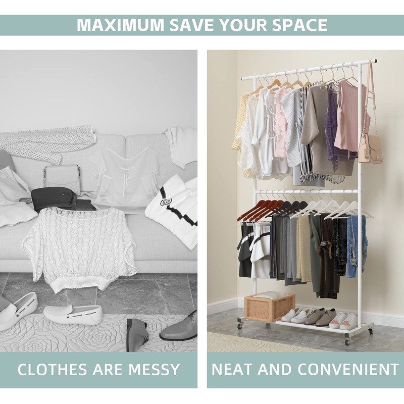 Sywhitta Double Rod Clothing Garment Rack, Rolling Clothes Organizer on
