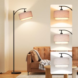 SUNMORY Floor Lamps for Living Room, Arc Floor Lamp with 12W 3 Color Temperatures LED Bulb, Modern Floor Lamps with Adjustable Double Fabric Shades, Tall Standing Lamp for Bedroom, Corner