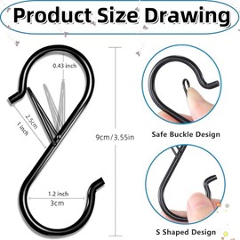 12PCS S-Shaped Hooks for Hanging, 3.5-Inch Heavy Duty S-Shaped Hooks with Safety Claps, Hanging Flowers, Clothes, Kitchen Utensils, Flower Pots, Bags, Towels (Black)
