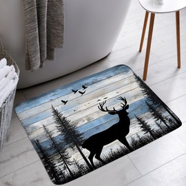 HWSSHW Rustic Deer Bath Mat Forest Wildlife Farmhouse Cabin Animal Lodge Hunting Camping Vintage Wood Board Microfiber Memory Foam Bathroom Decor Rugs for Kitchen Bedroom