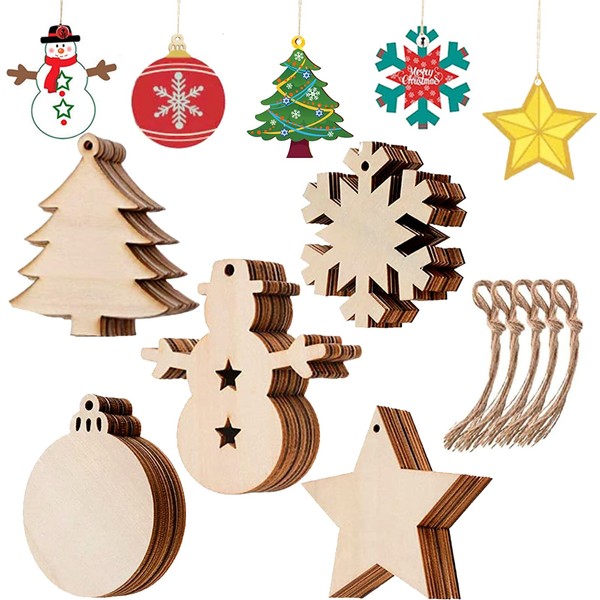Johiux 50pcs Wooden Christmas Ornaments,DIY Christmas Decorations, Christmas Tree,Wood Star,Round Disc,Snowflake,Snowman.