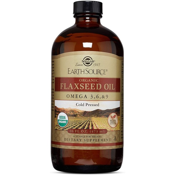 Solgar Earth Source Organic Flaxseed Oil, 16 oz - Supports Heart, Skin and Nerve Health - Cold Pressed - Omega 3, 6 & 9 - Includes Oleic Acid - USDA Organic, Non GMO, Gluten Free - About 31 Servings