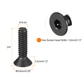 sourcing map #10-24x3/4" Flat Head Socket Cap Screws, 10.9 Grade Carbon Steel Hex Socket Countersunk Flat Head Screw Bolts Machine Screws Fasteners, Fully Threaded, Black Oxide, 20Pcs