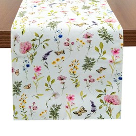 MULBESS Pink Wildflowers Floral Summer Table Runner 72 Inches Long, Seasonal Spring Butterfly Dresser Kitchen Holiday Coffee Dining Table Decoration for Home Party Decor 13x72 Inch
