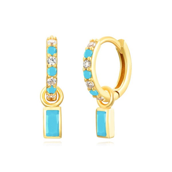 Small Gold Huggie Hoop Earrings With Sky Blue Square Drop,