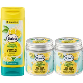 Balea 3er-Set LEMON SQEEZY Haarpflege: TWINPACK SHAMPOO & SPÜLUNG für jeden Haartyp, sommerlich-erfrischender Duft, Format ideal für unterwegs, 100 ml + SEA SALT MATT PASTE Styling, 2 x 75 ml (250 ml)