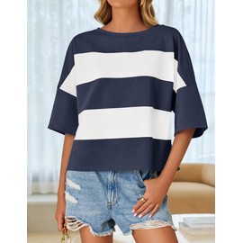 ZESICA Women's Summer 3/4 Sleeve Casual Tee Tops 2025 Crewneck Drop Shoulder Color Block Oversized T-Shirts,Navy,Medium