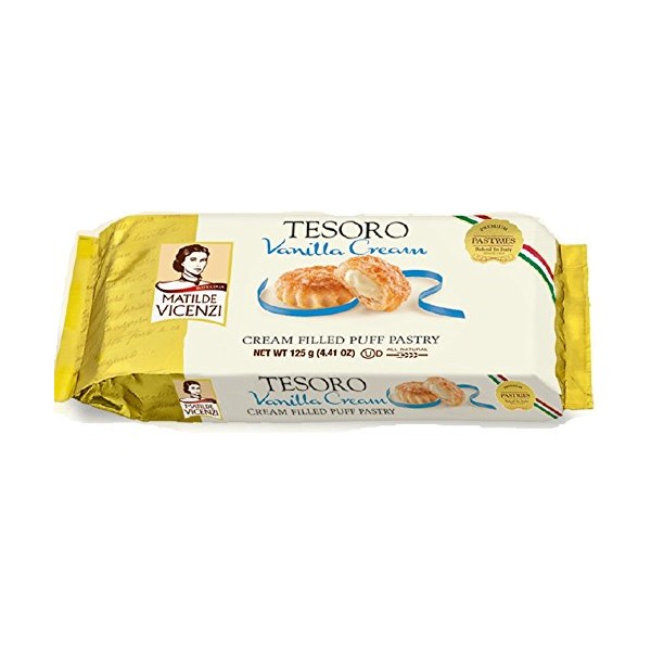 Matilde Vicenzi, Tesoro, Vanilla Cream, Family Size Cream Filled Puff Pastry, 4.41 oz, Pack of 4