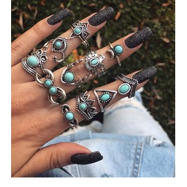 Western Turquoise Rings Set for Women Vintage Joint Knuckle Rings Bohemian Opal Stackable Rings Midi Stacking Rings Holiday Gifts