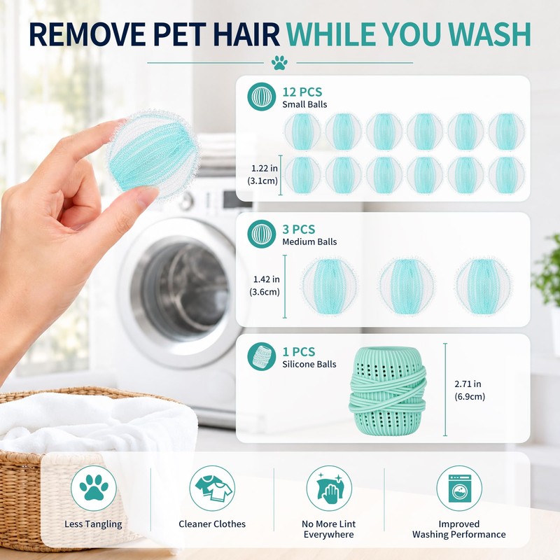 16PCS Pet Hair Remover and Laundry Ball Set, Reusable Dog