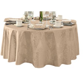 Newbridge Barcelona Luxury Damask Fabric Tablecloth, 90” Round, Golden Beige, 100% Polyester, No Iron, Soil Resistant Dining Room, Party and Banquet Table Cover