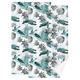 Sea Turtle Corals Coastal Hand Towels for Bathroom 14x28 Inch, Green Teal Nautical Bath Towels Decorative Set of 2 for Farmhouse Gym Kitchen Hotel Holiday Summer Beach Bathroom Home Decorations