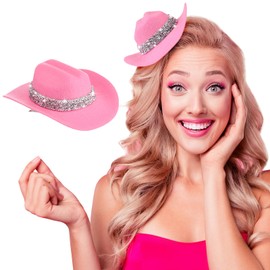 Zeyune 6 Inch Cowboy Hat Hair Clip with Rhinestones Cowgirl Mini Small Hat Clip for Disco Western Party Decoration (Pink)