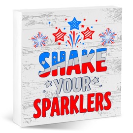 Happy 4th of July Decor Patriotic Desk Sign Shake Your Sparklers Wooden Desk Decoration for Independence Day Rustic Retro July 4th American Flag Wood Block Sign Table Decorations