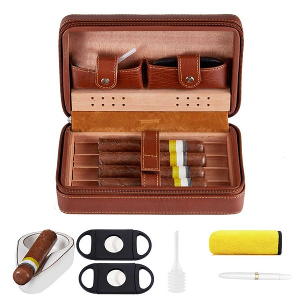 Cigar Humidors, Portable Humidor for Travel and Men's Gifts, Cedar Wood Brown Leather Cigar Accessories with 6 Set（Cigar Cutter*2, Ashtray, Cleaning Pen,Towel）