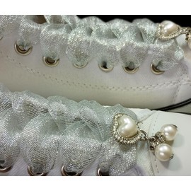 Fashionable Ribbon Shoe Laces with Bling Pearl Charms for Girls & Women (04 Organza Glitter Silver, 63"Inch (160CM))