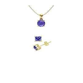 Paris Jewelry 18K Yellow Gold 1ct Tanzanite Round 18 In Necklace & Square Earrings Set Plated