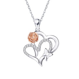 Sllaiss 925 Sterling Silver Forever Love Heart Necklace for Women Austria Crystal White Gold Plated Double Heart Pendant Necklace with Rose Flower for Anniversary