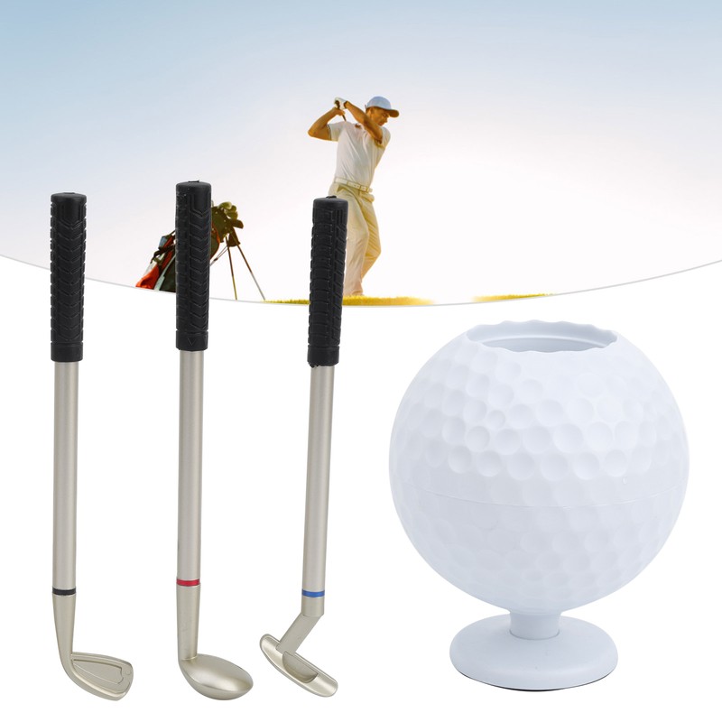 Mini Desktop Golf Ball Pen Holder with 3 Golf Cue