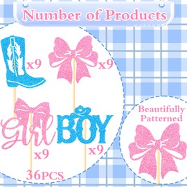 Inisajace Boots or Bows Gender Reveal Decorations, 36PCS Boys or Girls Glitter Cupcake Toppers Decoration Western Cowboy or Cowgirl Cupcake Picks Decor Supplies for Baby Shower