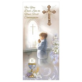 Son First Holy Communion Catholic Celebration Card for a Special Boy on his Religious Commitment Ceremony with Cross Crucifix