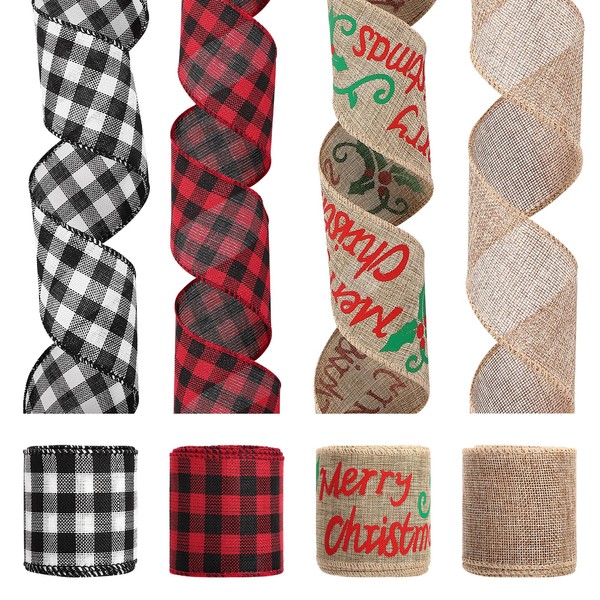FairyLee 4 Rolls Christmas Wired Ribbons 2.5 Inch Wide 24 Yards Buffalo Plaid Burlap Wired Edge Ribbon for Wreaths Crafts DIY Christmas Tree Decoration Bows Gift Wrapping