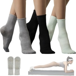 Grip Socks Women Pilates Yoga Socks Non Slip Barre Dance Hospital Running Cute Cotton Ankle Sock 3/4 Pairs (3 Pack-Black Light grey Light green)