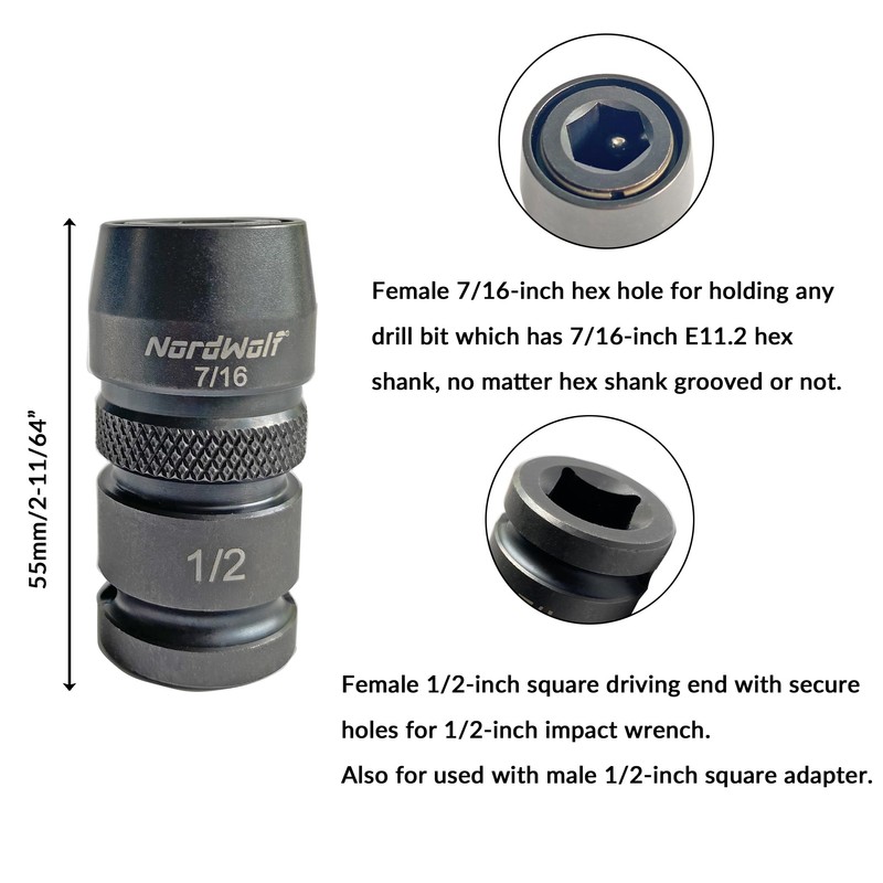NordWolf Impact Wrench Adapter 1/2-inch Square Drive Female to 7/16-inch