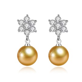 Salanda Pearl Earrings for Women,CZ Pearl Dangle Earrings 18K White Gold Plated Hypoallergenic Earrings Pearl Drop Earrings Dark Gold 10mm