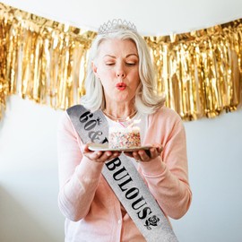 Casoty 60th Birthday Sash and Tiara for Women, Silver 60th Crown and "60 & Fabulous" Sash Set, 60th Birthday Party Decorations Gifts for Women