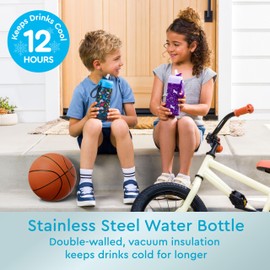 Bentgo® Kids Stainless Steel Insulated Water Bottle - Leak-Proof; Keeps Cool for 12 Hours; Durable, BPA-Free, Dishwasher Safe 14 oz. Cup for Ages 3+ for School/Sports/Daycare (Dinosaur)