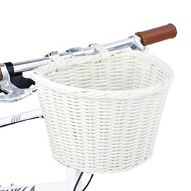 Wicker Bike Basket Front Cargo,Ebike Basket for Cargo，Front Handlebar Storage Basket Waterproof with Adjustable Leather Straps,for Dog/Grocery Shopping/Pet Carrier,Fits Most Bicycles (White)