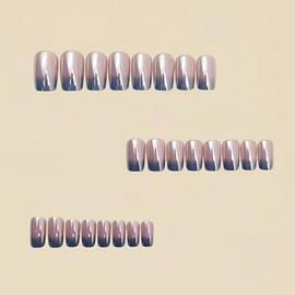 Chrome Press on Nails Medium Square Fake Nails Silver Gradient French Tip Nails Glossy Shiny Full Cover Glue on Nail Laser Acrylic Stick on Nail Reusable False Nail for Women 24Pcs