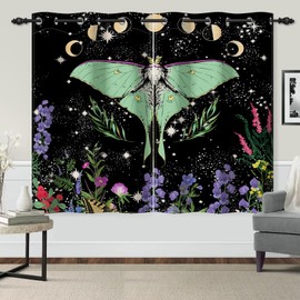 Renaiss Luna Moth Window Curtains Butterfly Moon Phase Decorative Blackout Drapes Vintage Moth Wildflowers Starry Sky Grommet Window Treatments for Kitchen Bedroom Living Room 42x63 Inches x 2 Panels