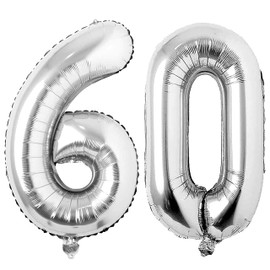 Silver 60 Number Balloons Big Giant Jumbo Large Number 60 Foil Mylar Balloons for Women Men 60th Birthday Party Supplies 60 Anniversary Events Decorations-40 inch