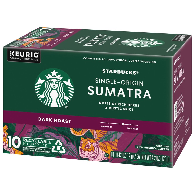 Starbucks Coffee K-Cup Pods, Single-Origin Sumatra Coffee, Dark Roast 100%