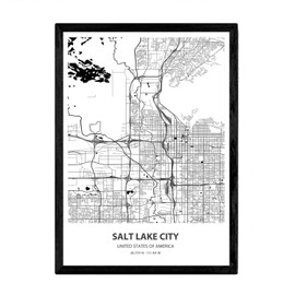 Nacnic Salt Lake City USA SINGLES OF THE UNITED STATES CITIES WITH SEAS AND RIVERS IN BLACK COLOUR A4 SIZE FRAMED