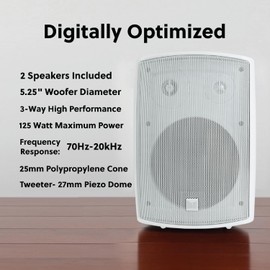 Dual Electronics LU53PW 5.25" 3-Way High Performance Outdoor Indoor Wired Speakers | Effortless Set Up | Home, Pool, Patio, Garage Use | Weather Resistant | Expansive Stereo Sound Coverage | White