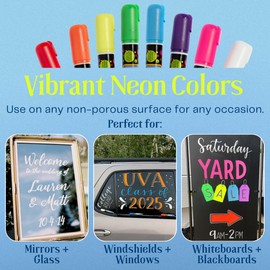 MoodClue Car Window, Glass Marker Pens. Bold Liquid Chalk for Auto Windshields, Mirrors, White + LED Boards. Washable, Erasable. Neon 8pck. 10mm tip - 3 writing options. Newest marker set.