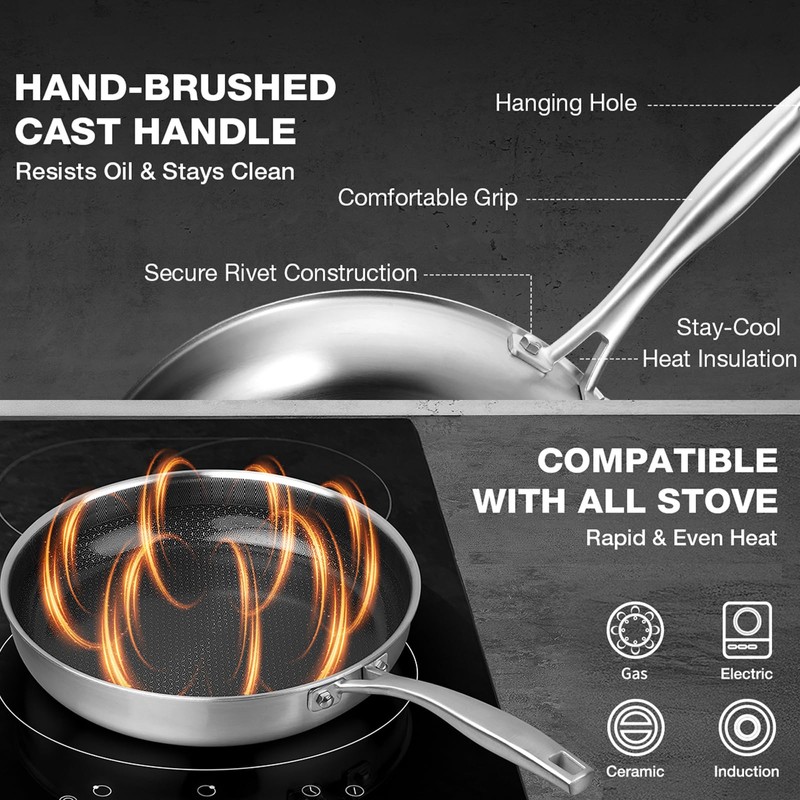 Hybird Nonstick Frying Pan with Lid 12 inch,Stainless Steel Skillet,Ceramic