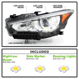 ACANII - For 2014-2022 Infiniti Q50 w/o AFS OE Style LED DRL Projector Headlight Headlamp Replacement Left Driver Side